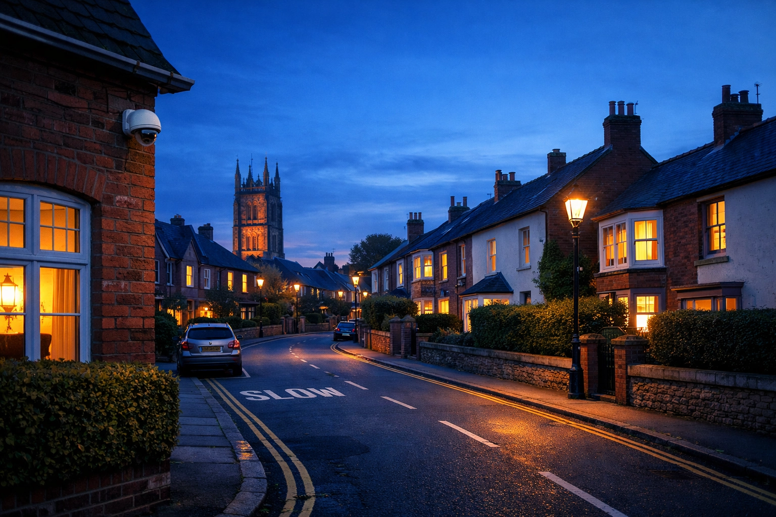 A quiet Taunton residential street at dusk protected by discreetly installed professional CCTV cameras.