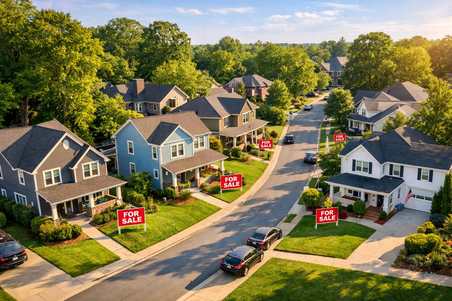Aerial view of Greensboro neighborhood with multiple homes for sale showing increased inventory