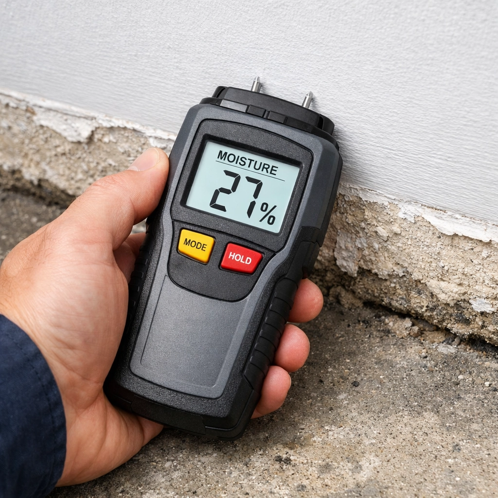 Professional moisture meter detecting hidden basement dampness during a certified home inspection in Edmonton.