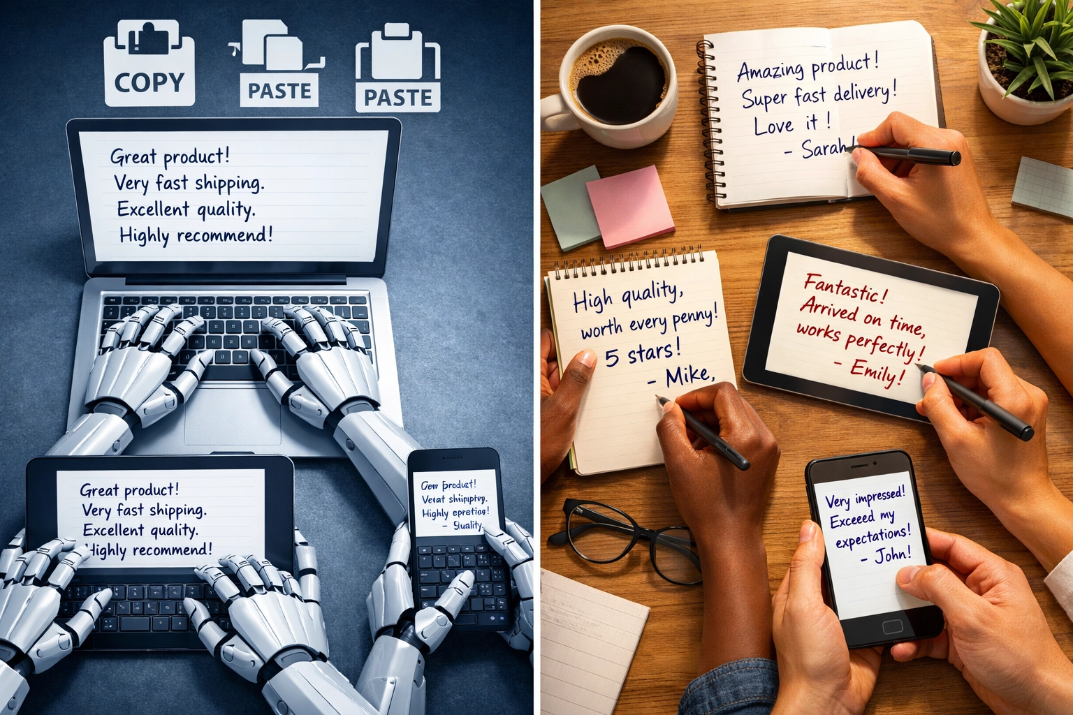 Comparison of fake identical reviews versus authentic varied customer reviews