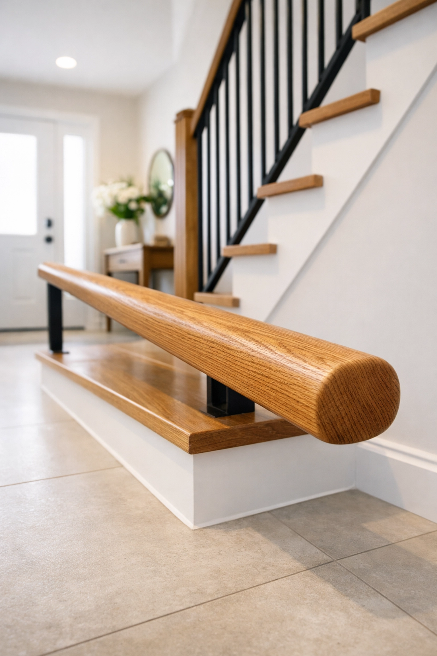 A sturdy wooden handrail extending past the bottom step to provide stability during transition to floor.