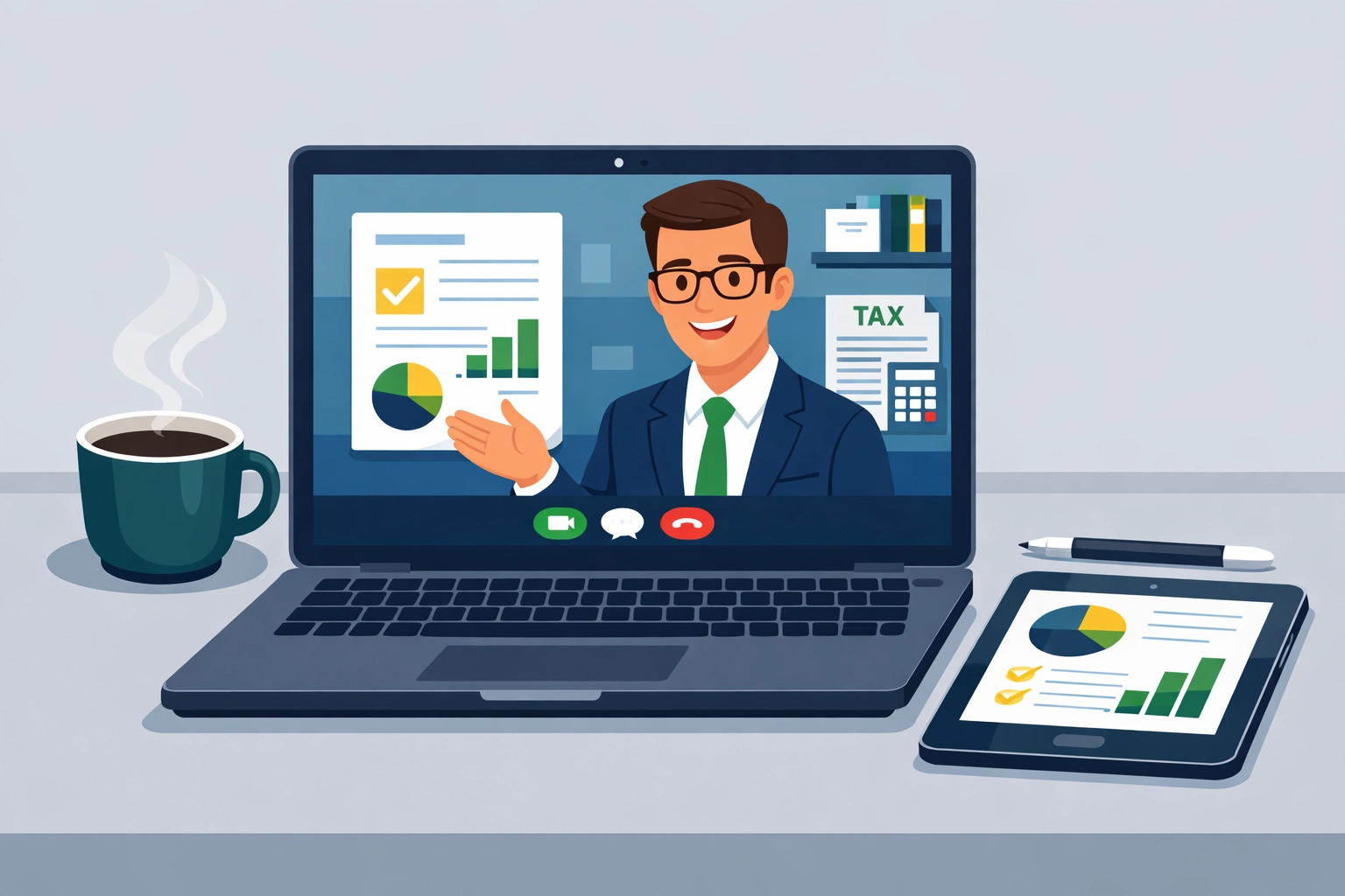 Virtual tax preparation consultation with a professional tax advisor via laptop video call.