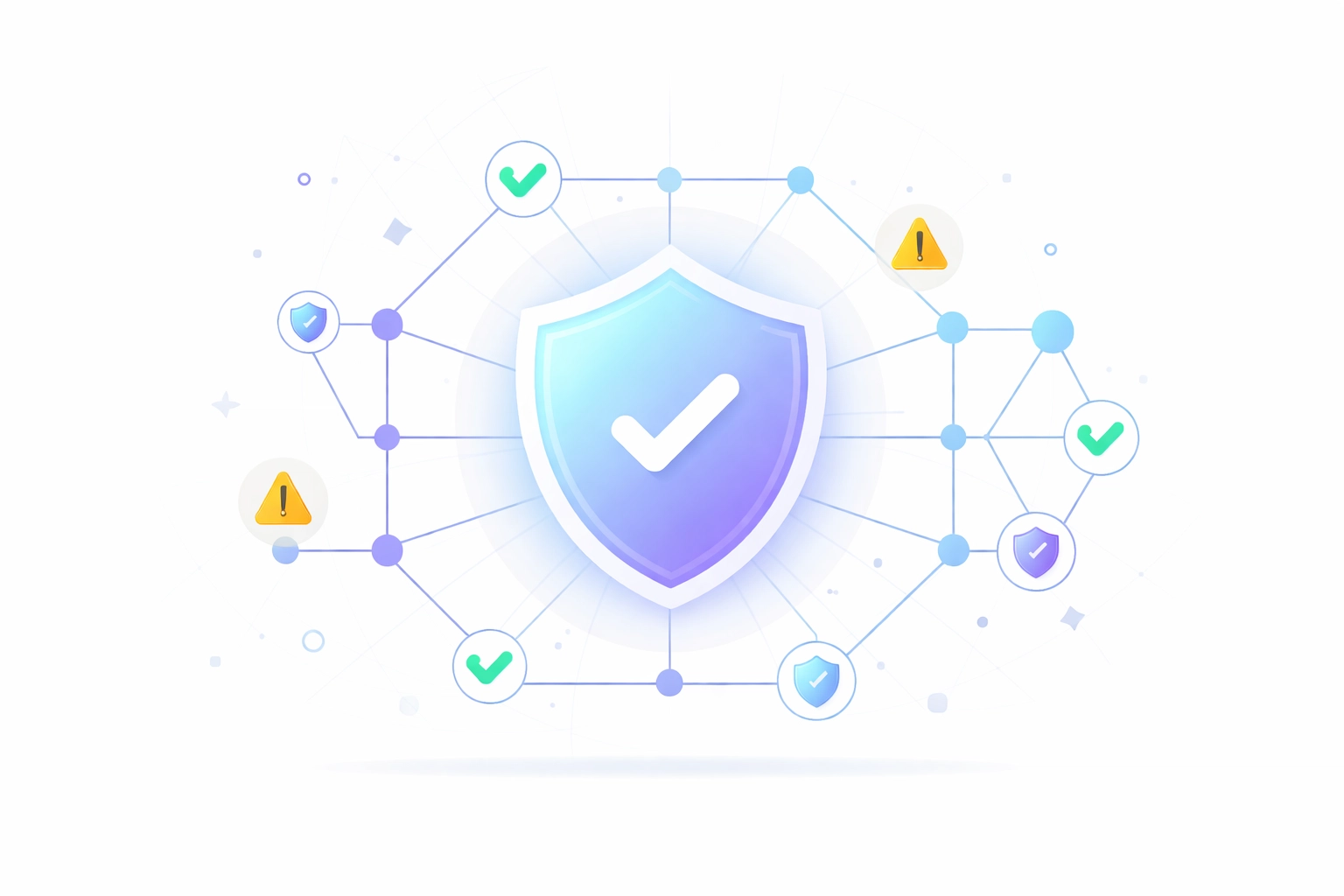 AI security shield protecting interconnected network nodes with governance checkpoints