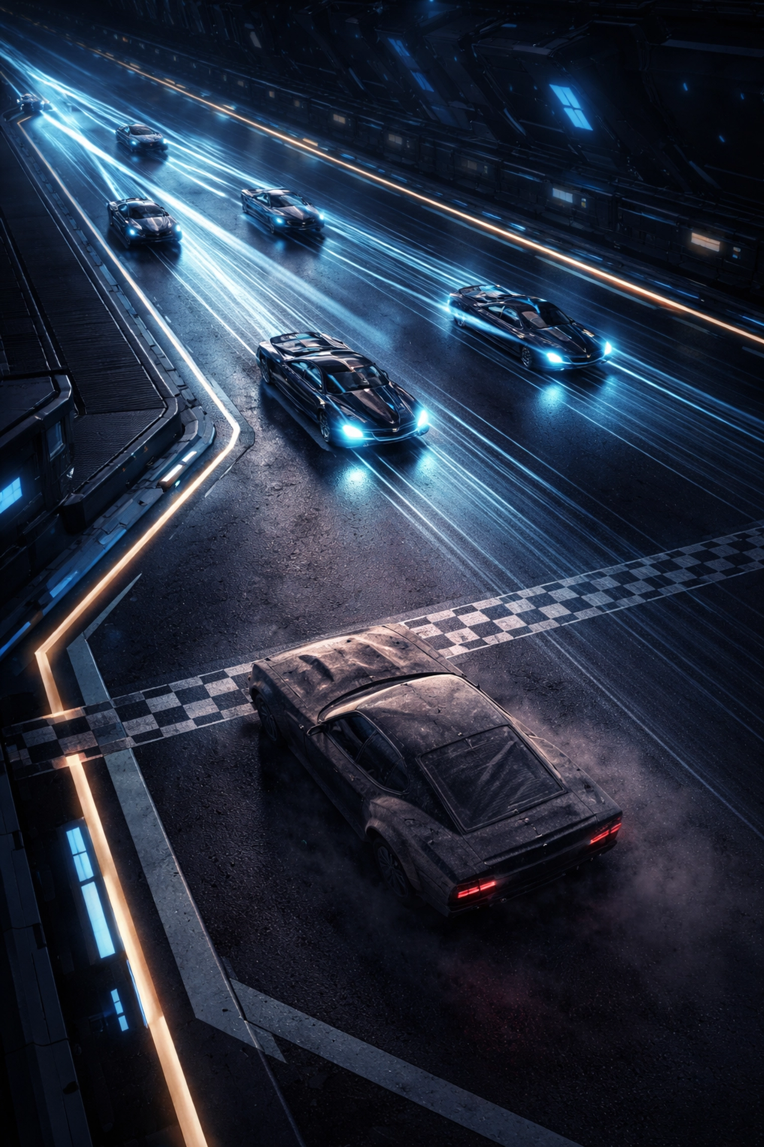 Futuristic autonomous vehicles racing past a stalled car, illustrating the urgency of AI adoption for business competitiveness.