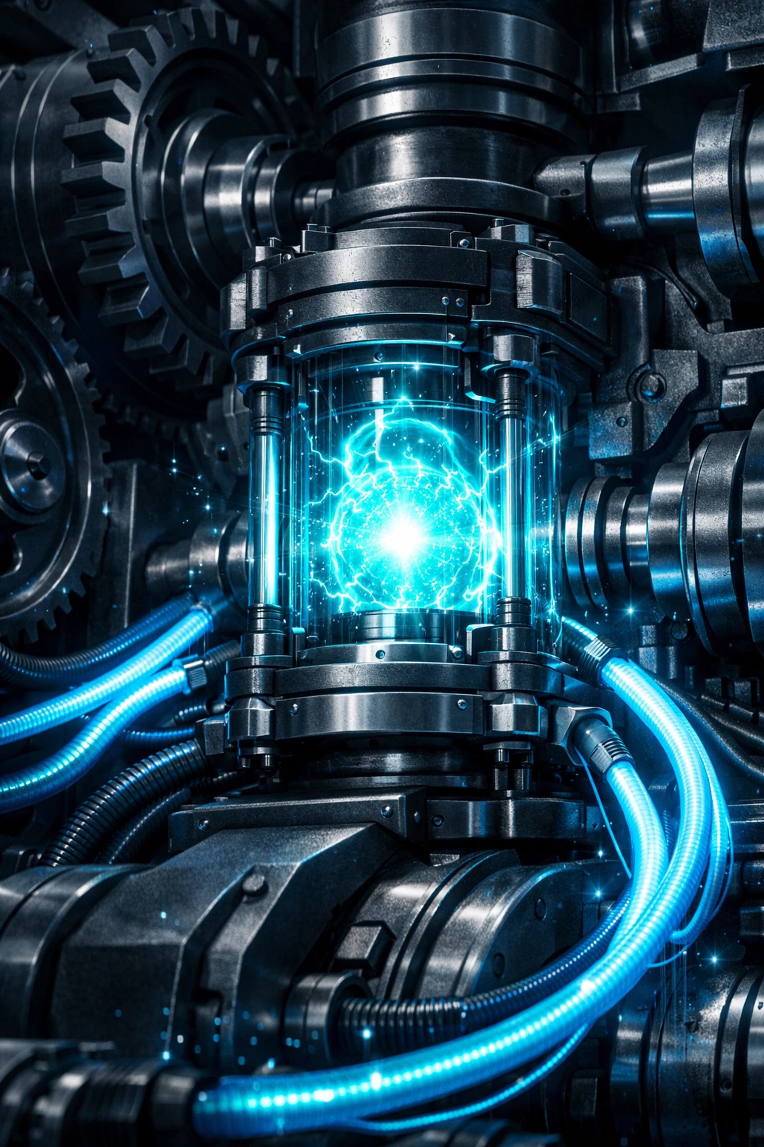 KI-Strategie für Startups: Ein kleiner, kraftvoller Motor treibt eine gewaltige Maschine symbolisch an.