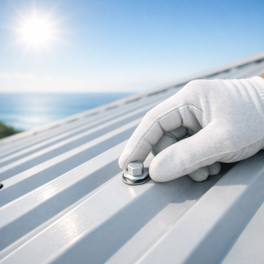 Professional roofers Sydney inspecting a metal roof fastener on a Northern Beaches home.