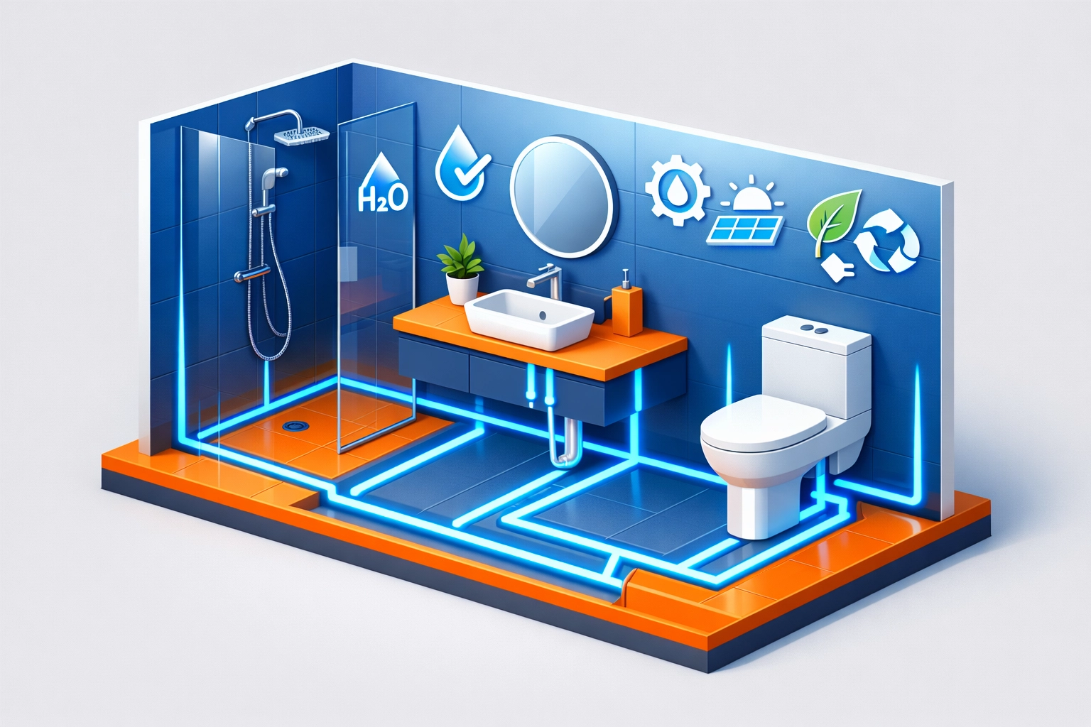 Sustainable bathroom illustration showing efficient plumbing and water-saving fixtures for future-proofed Surrey homes.