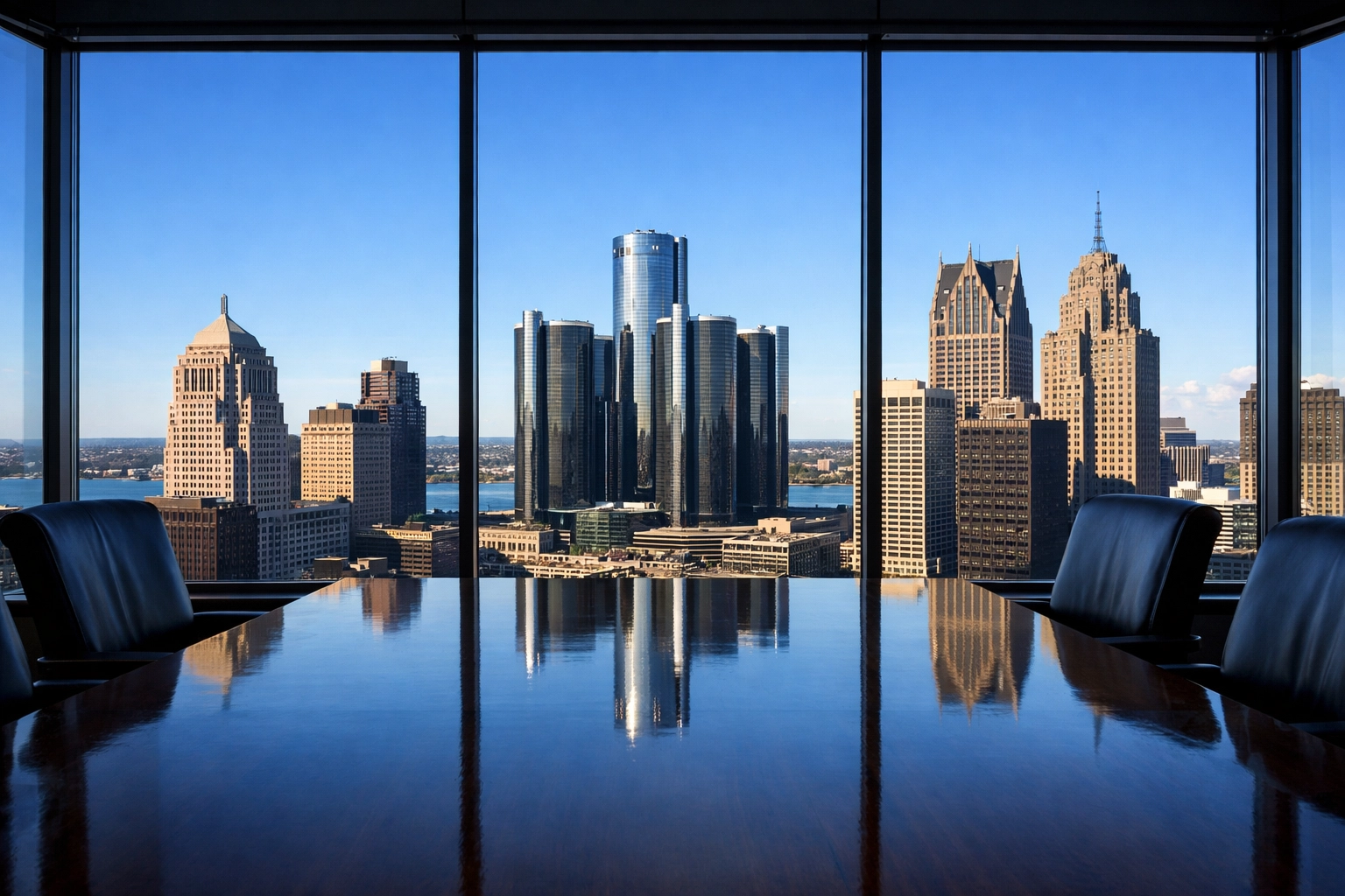 Detroit office interior with clean floor-to-ceiling windows showing a clear metropolitan skyline view.