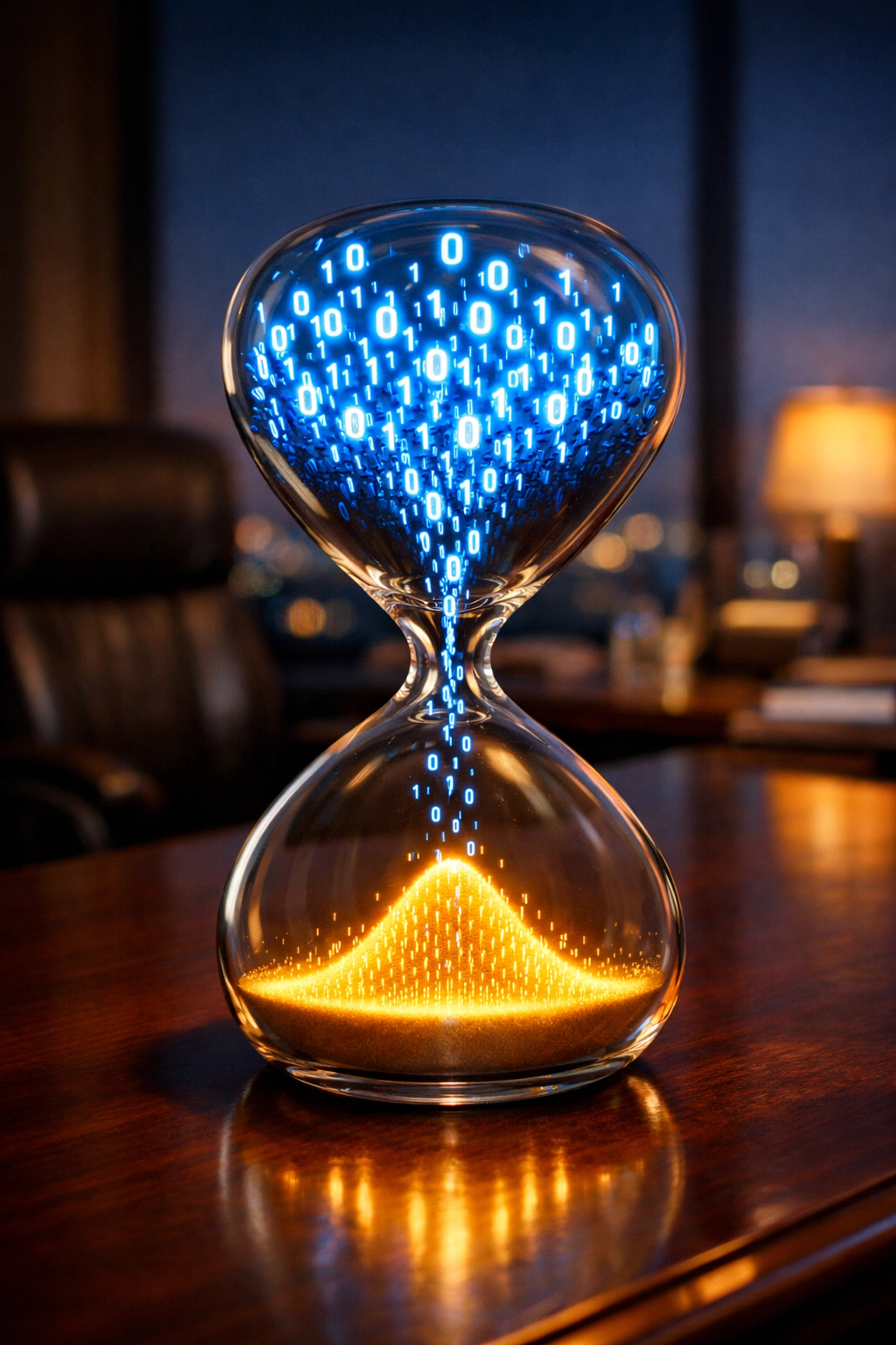 Digital code hourglass forming a bell curve to illustrate the Law of Average Pick and mean reversion.