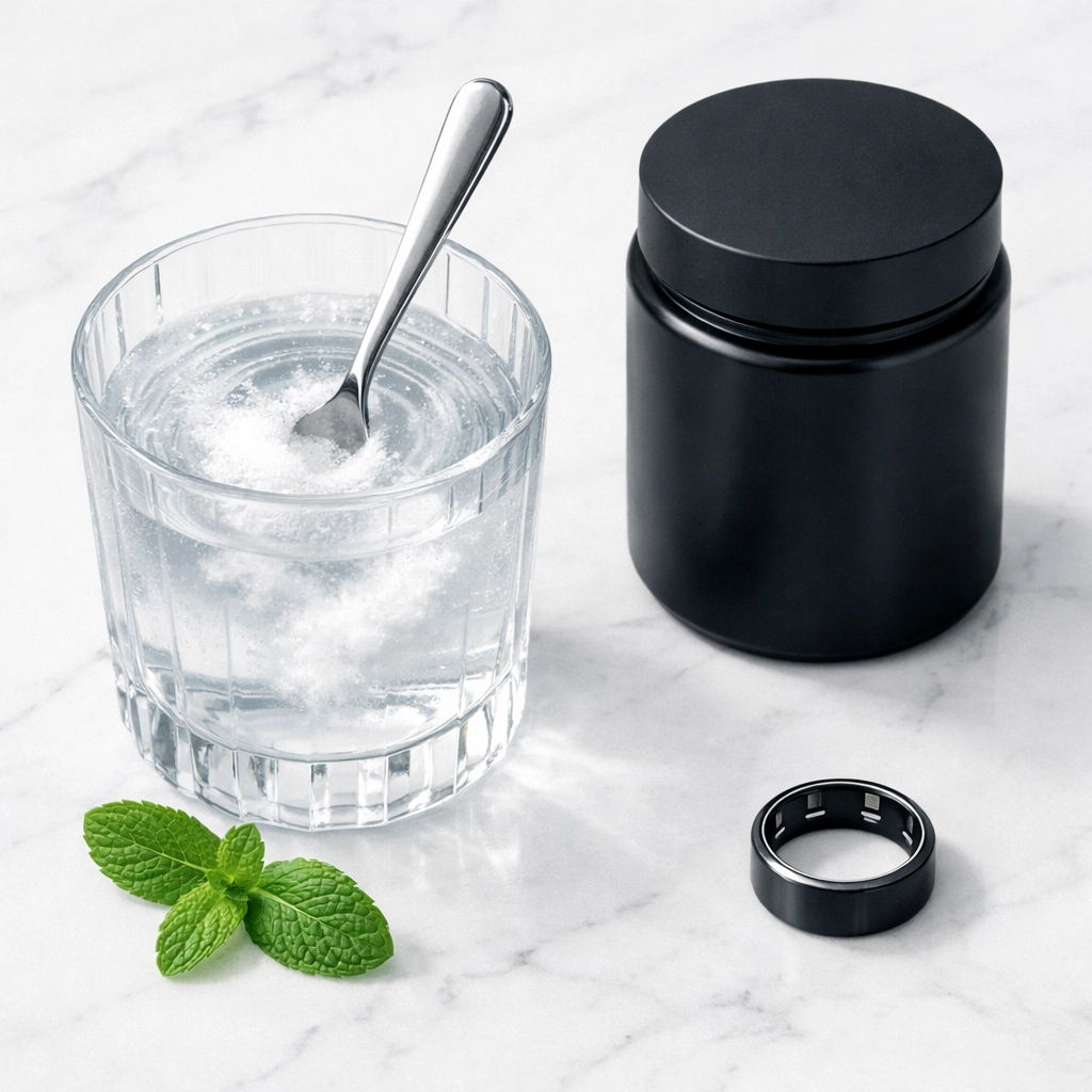 Micronized creatine powder dissolving in a glass of water as part of a daily health routine.