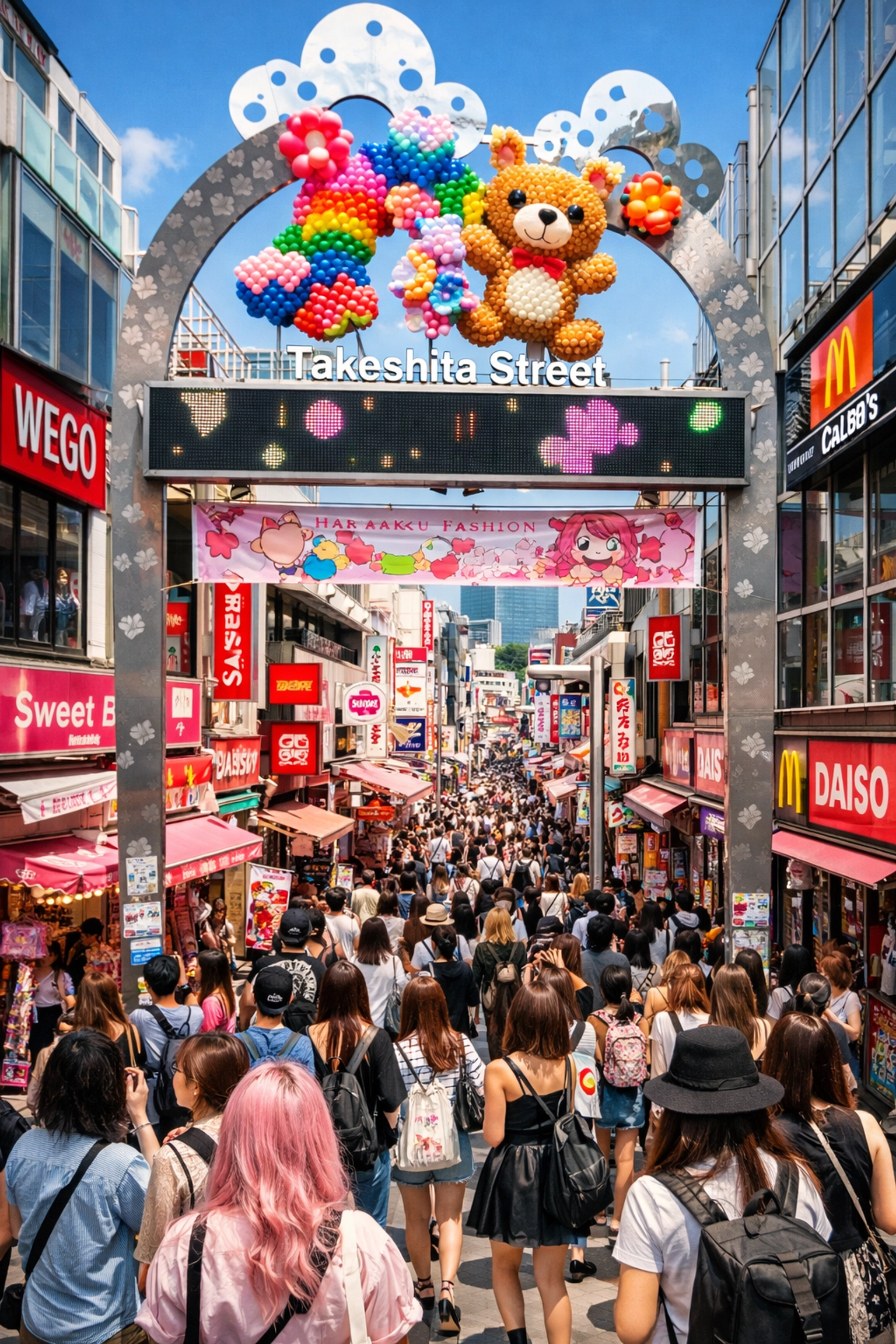 Wide shot of the iconic Takeshita Street entrance gate and vibrant crowds in Harajuku, Tokyo.