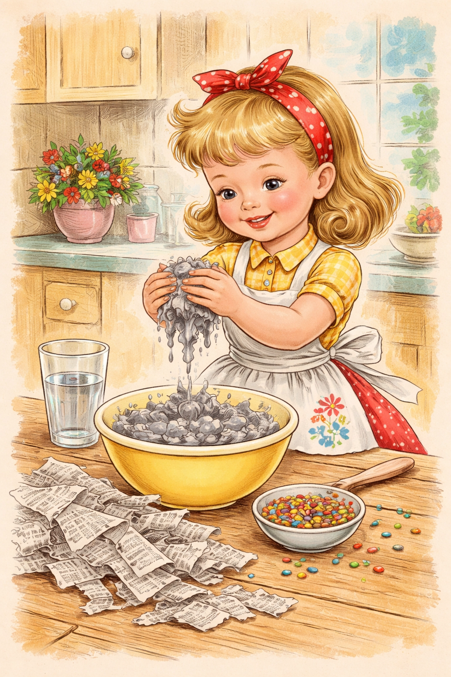 Child squeezing wet paper pulp to create seed bombs with wildflower seeds, using a recycled paper method.