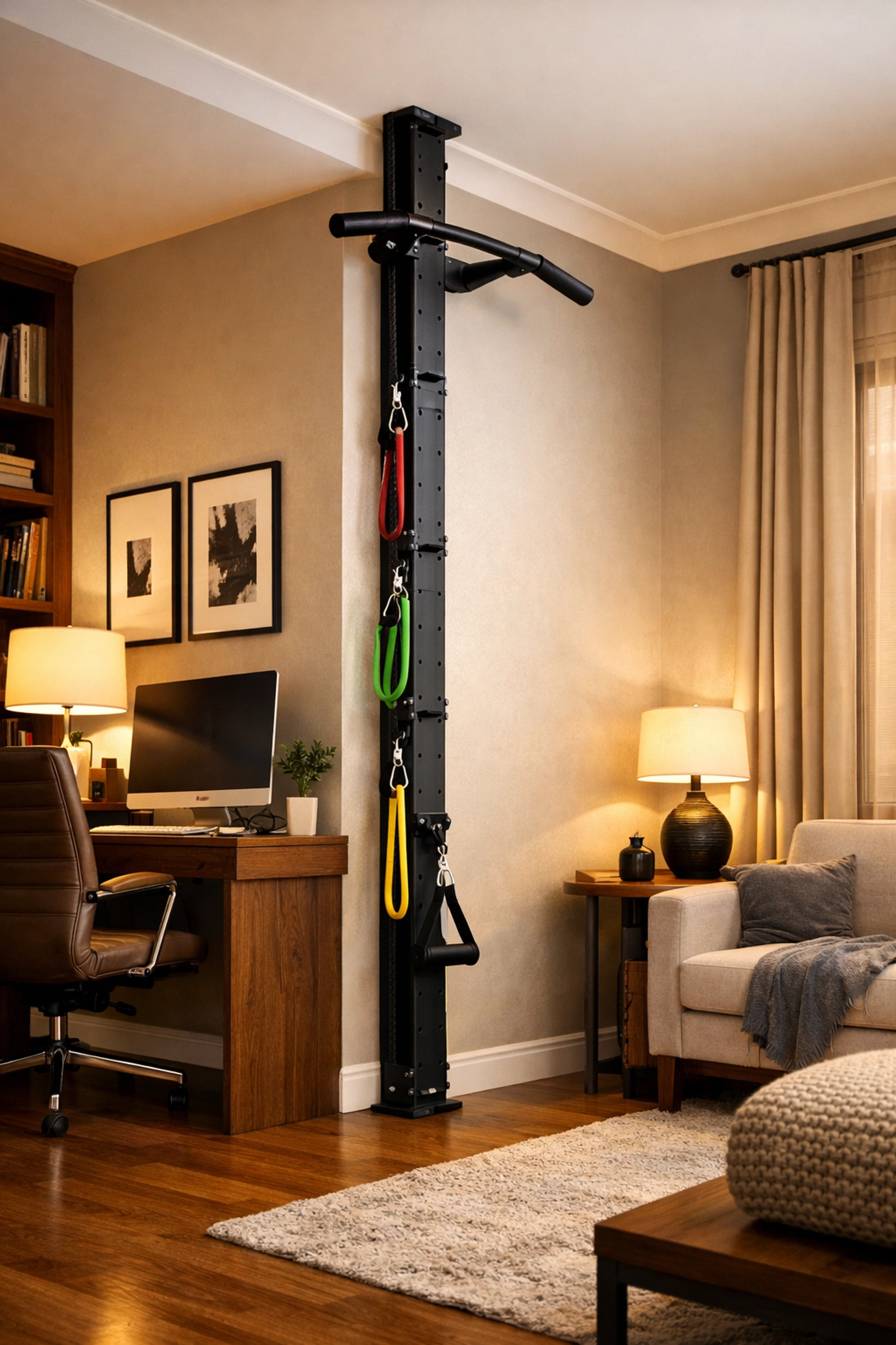 Floor to ceiling gym system with resistance bands and pull up bar alternative for home workouts.