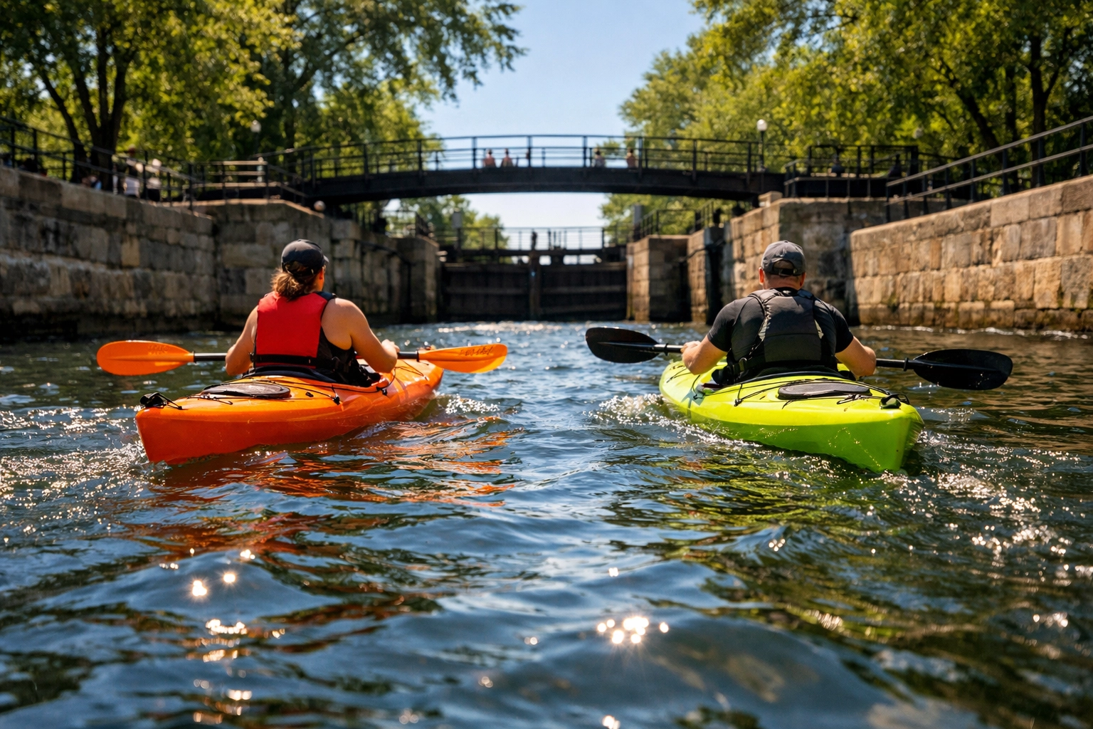 Kayakers paddling through the calm waters of the Lachine Canal near a historic stone lock.