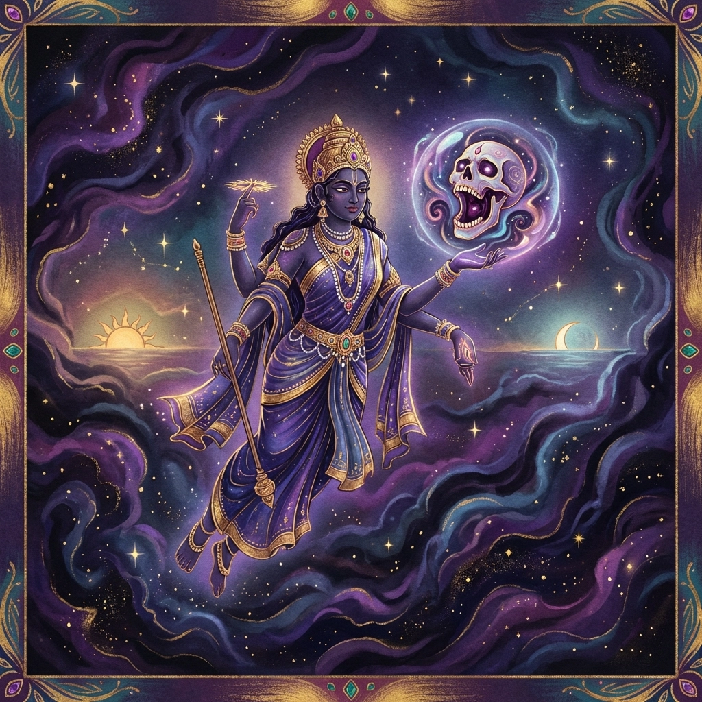 South Asian deity representing Rahu's myth, chasing the sun and moon to illustrate cosmic illusion