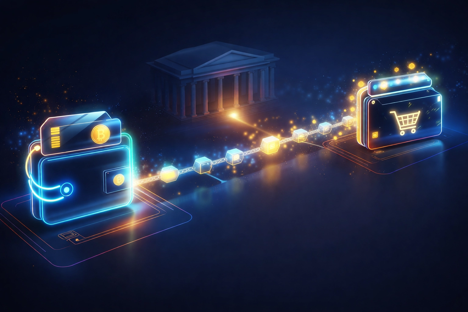 Direct blockchain payment flow from customer wallet to merchant wallet bypassing traditional banks