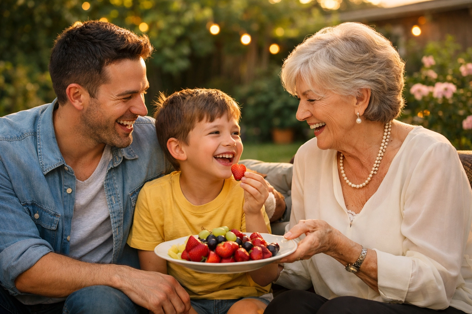 Gay father and son celebrating Mother’s Day with a grandmother in a lush backyard garden.