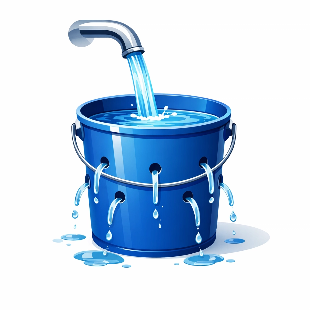Illustration of a leaking bucket representing lost website visitors and poor conversion rate optimization.