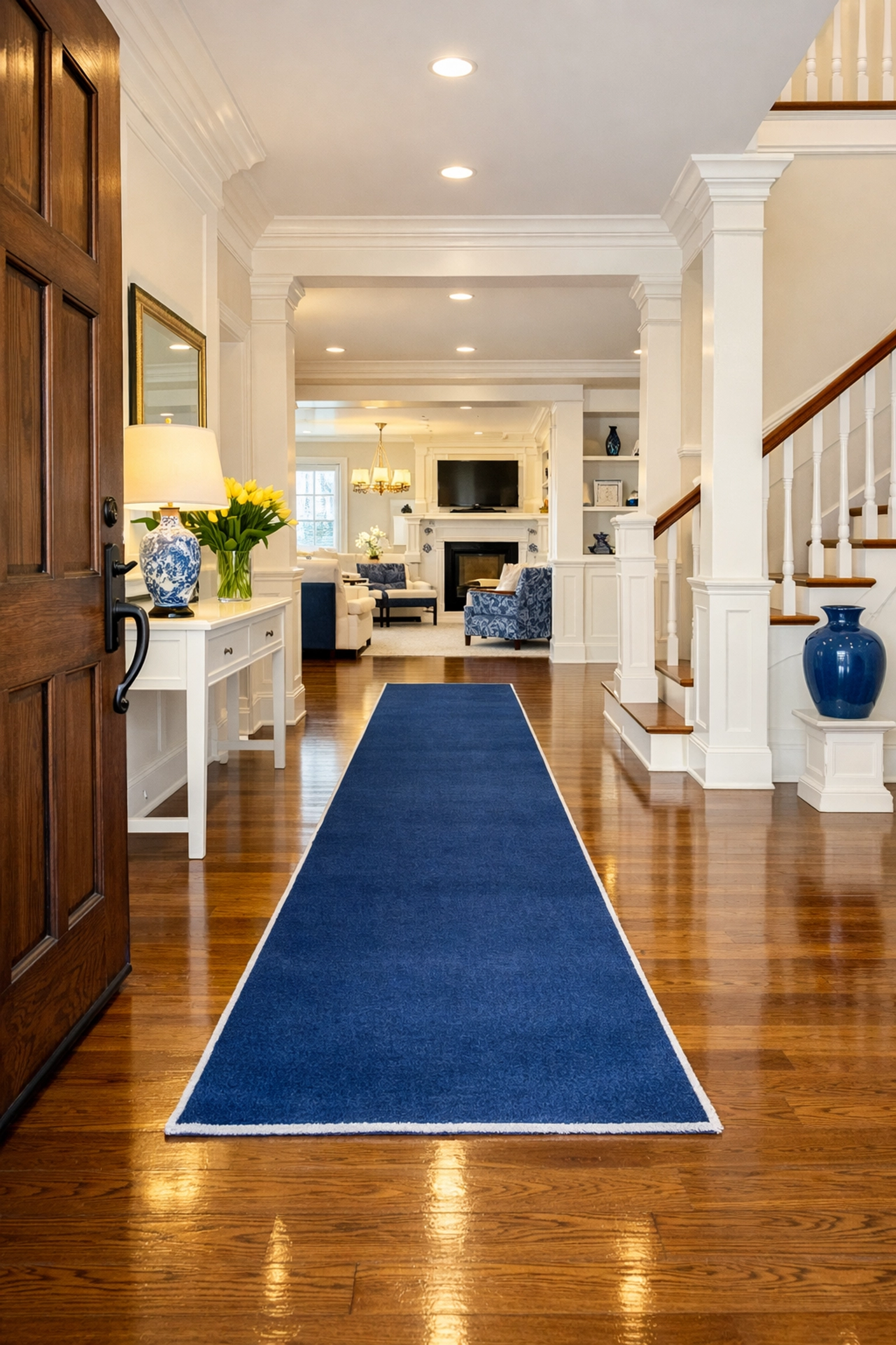 Professionally cleaned foyer with shining hardwood floors and a navy blue runner in Stow, MA.