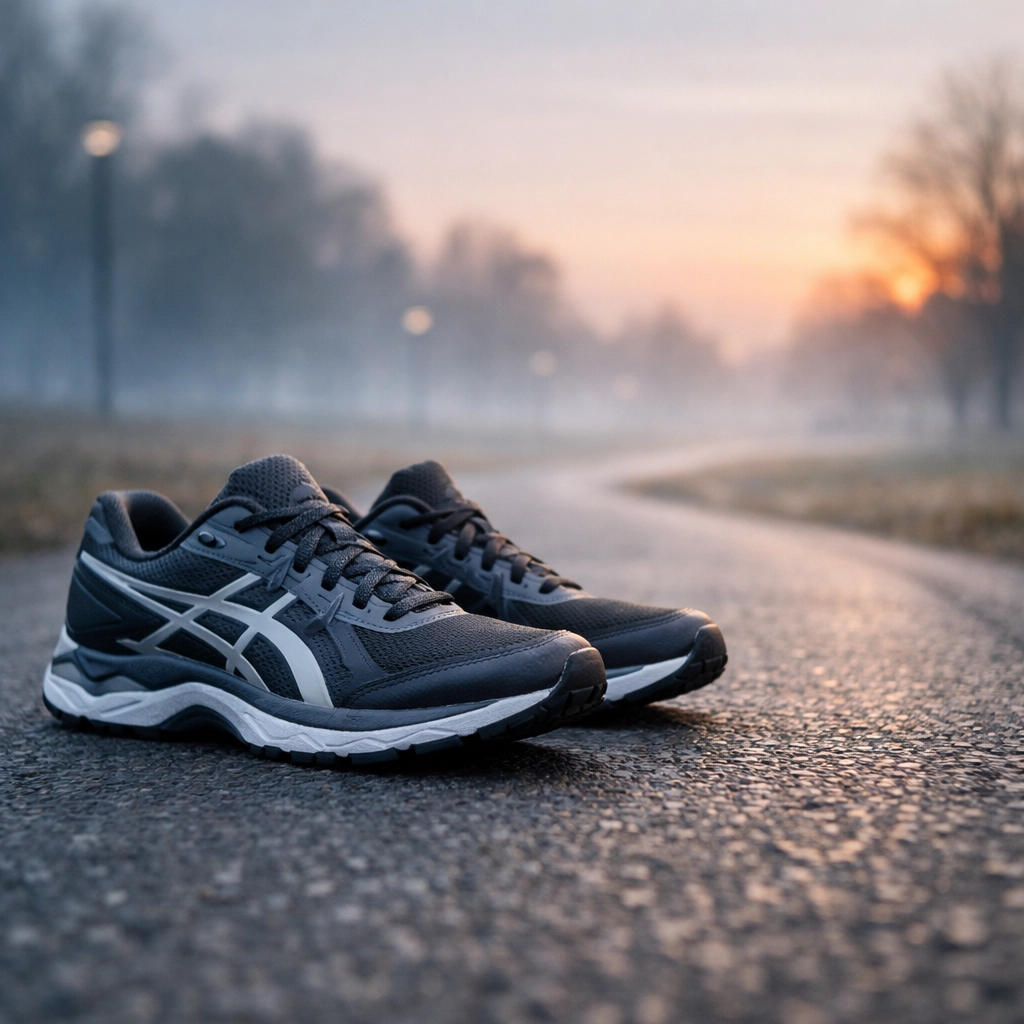 Running shoes on a morning walking path at dawn, symbolizing a fresh start in a fitness journey.