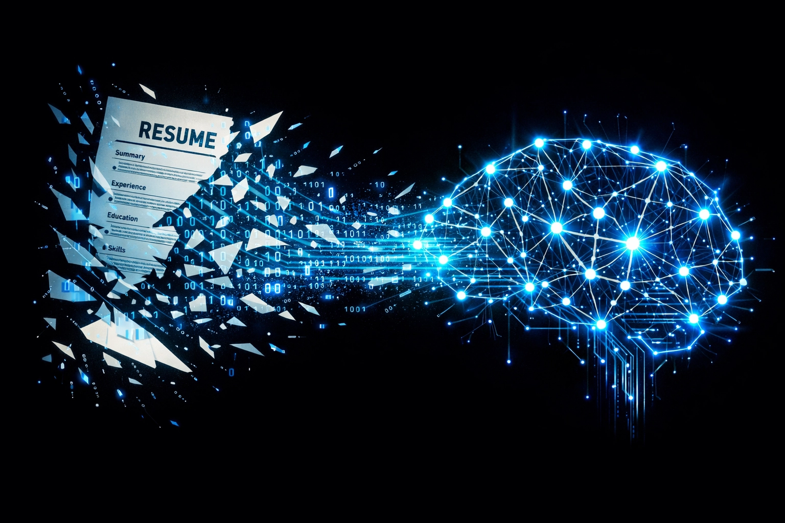 Traditional resume shattering into a glowing digital neural network for AI talent assessment.