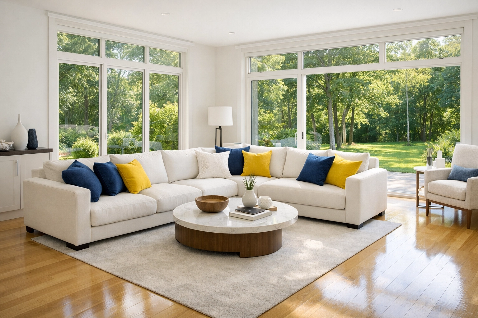 Spotless modern living room in Shirley MA showing professional house cleaning results.