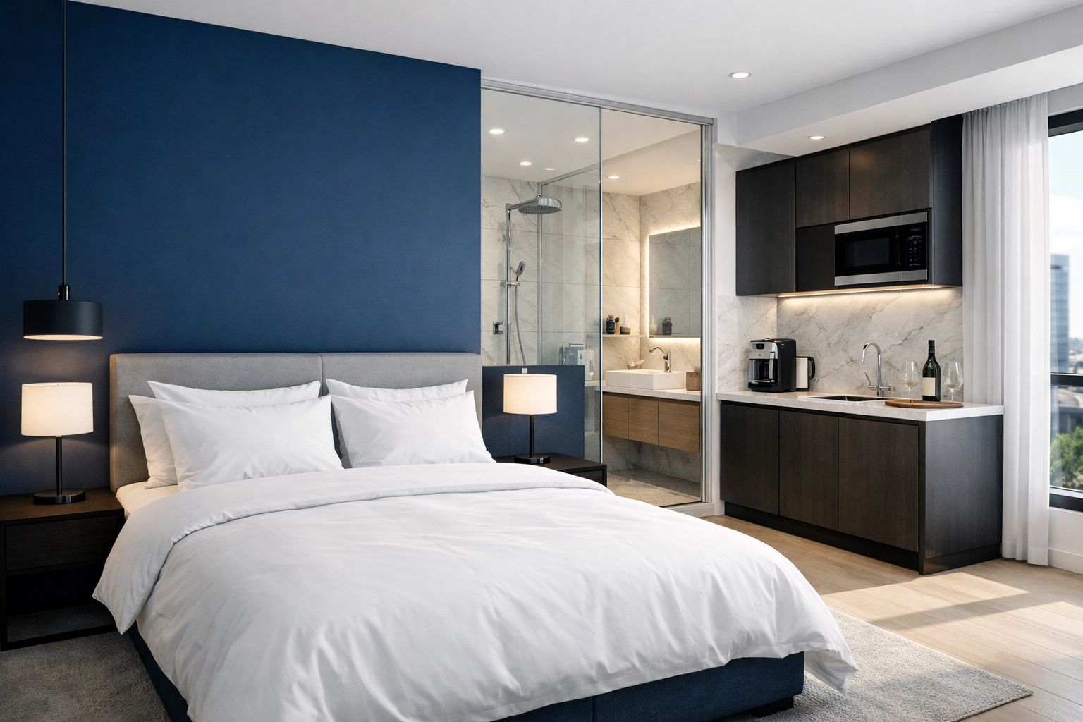 Modern co-living suite with private ensuite and kitchenette for high-yield property investors.