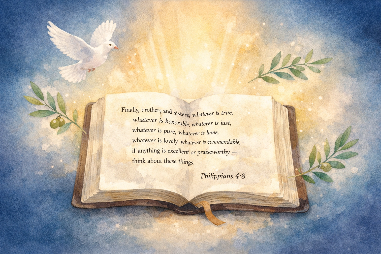 Open Bible showing Philippians 4:8 with peaceful light and dove imagery