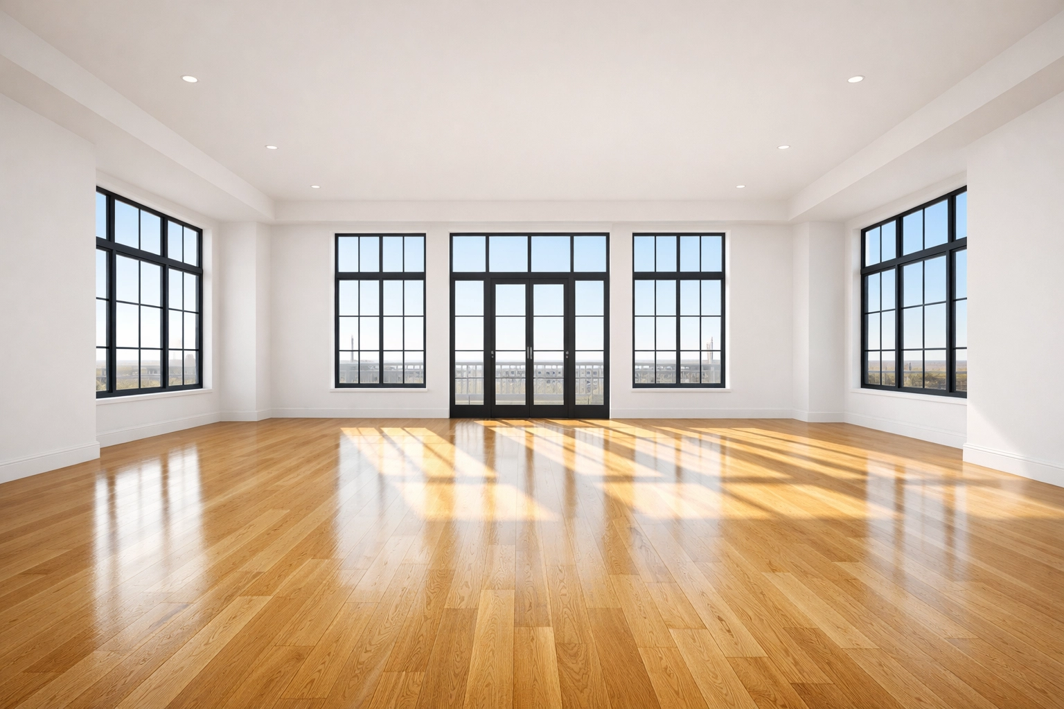 Pristine empty living room with polished wood floors ready for a new tenant in an Indianapolis apartment.