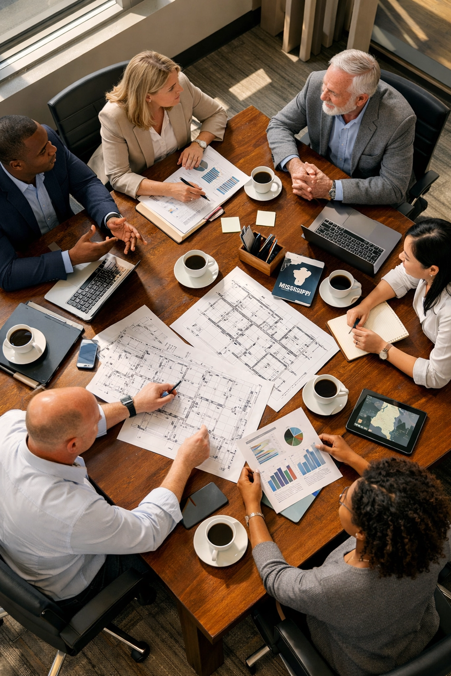 Business exit planning team meeting in Mississippi office reviewing financial documents