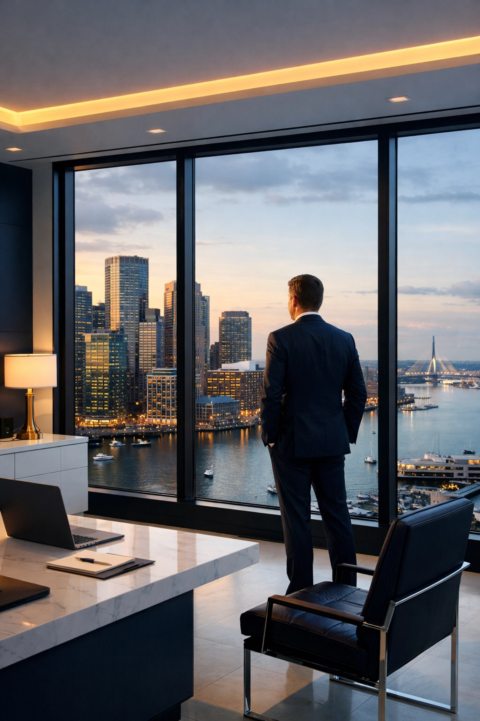 Satisfied business owner in a clean Boston office maintained by a professional commercial cleaning service.