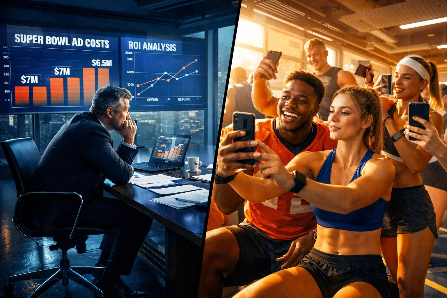 CMO reviewing Super Bowl ad costs while athletes create social media content for brand ambassadorships