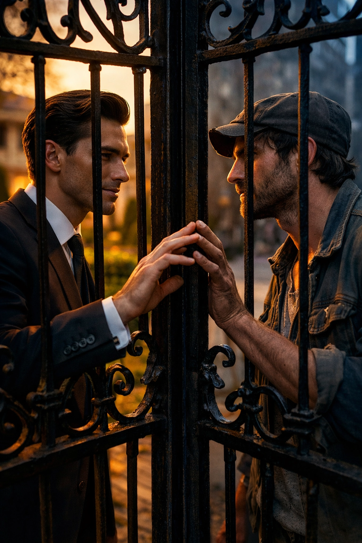 Two men separated by ornate gate representing class divide in MM romance