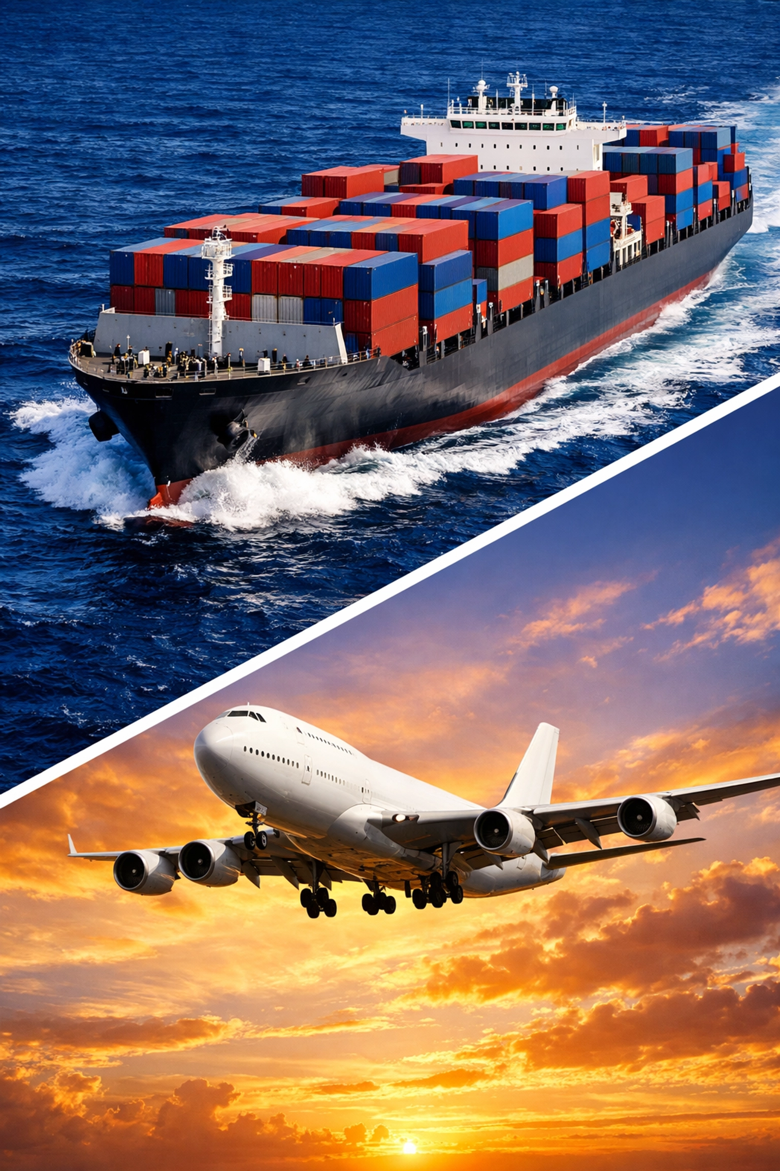Comparison of ocean freight and air freight services featuring a container ship and a cargo plane.