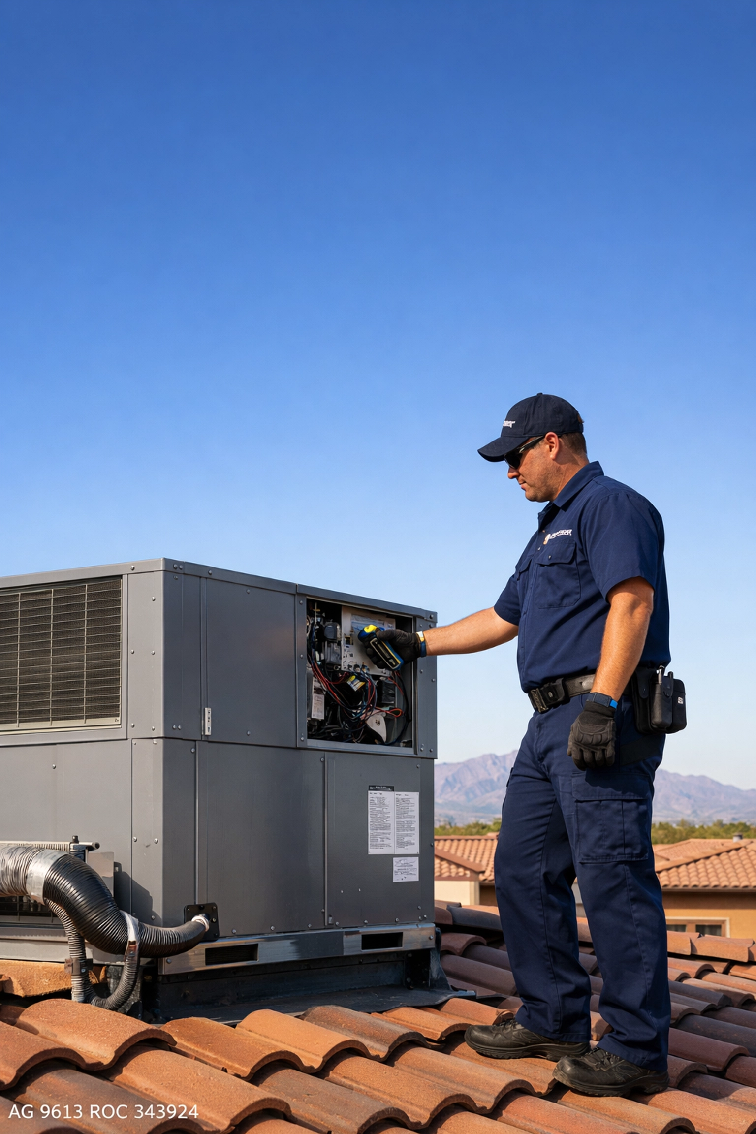 Professional rooftop HVAC maintenance check in Florence, AZ by an expert Bucksworth Home Services technician.