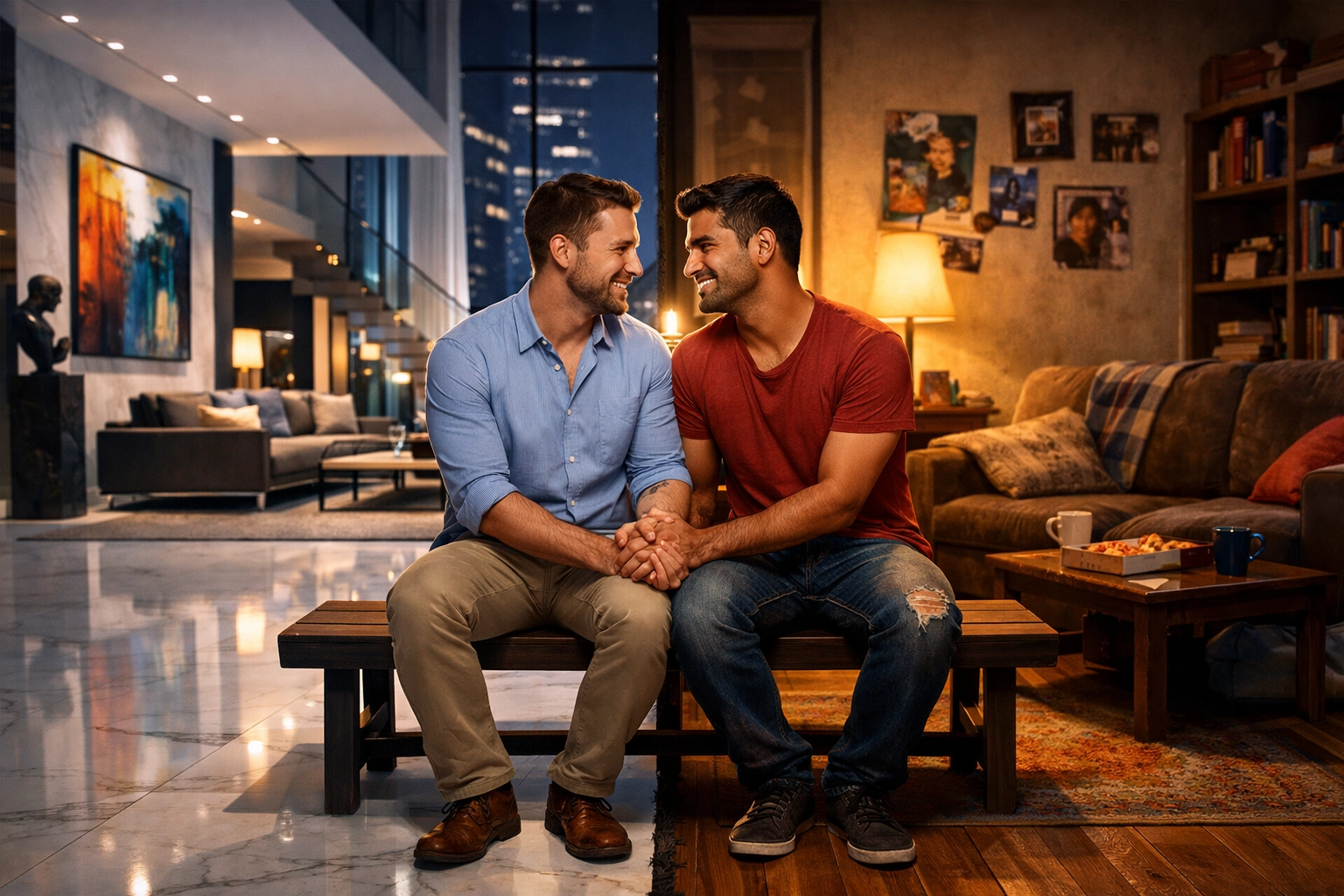 Gay couple holding hands bridging luxury and simplicity - rich and poor MM romance illustration