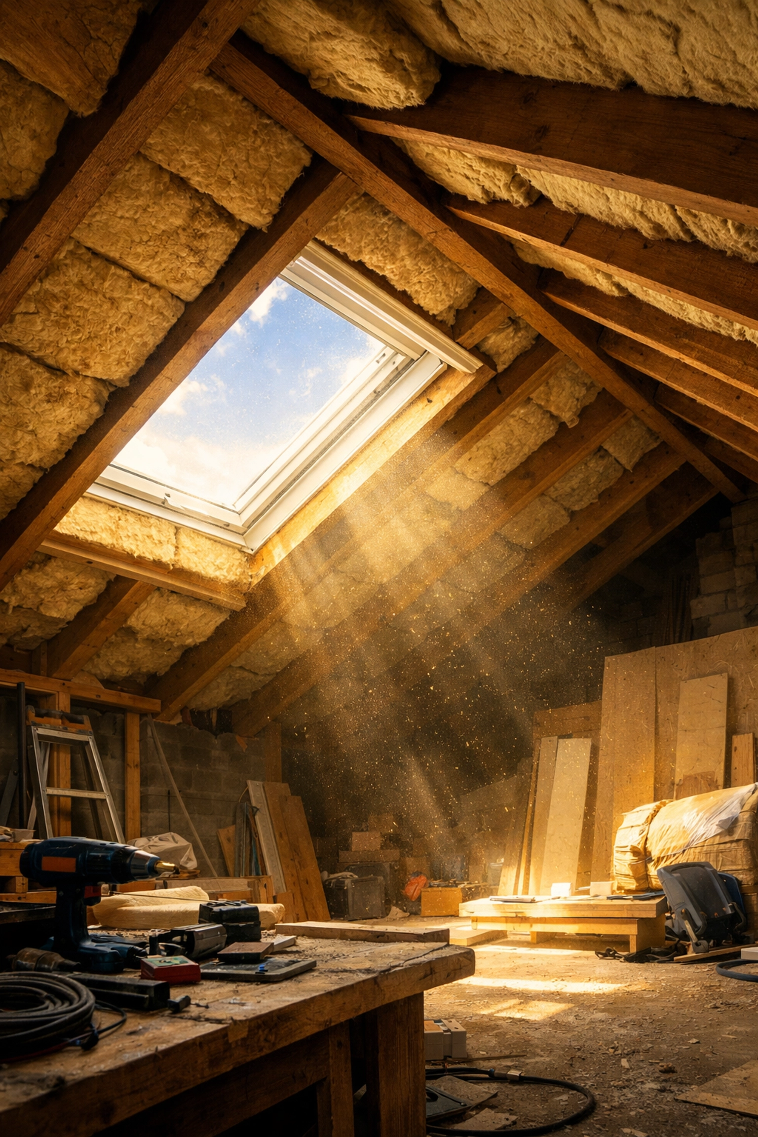 Installing mineral wool insulation in a loft conversion to improve home energy efficiency.