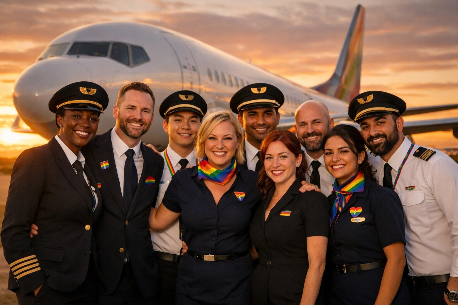 Diverse LGBTQ+ airline crew members with pride accessories posing before aircraft