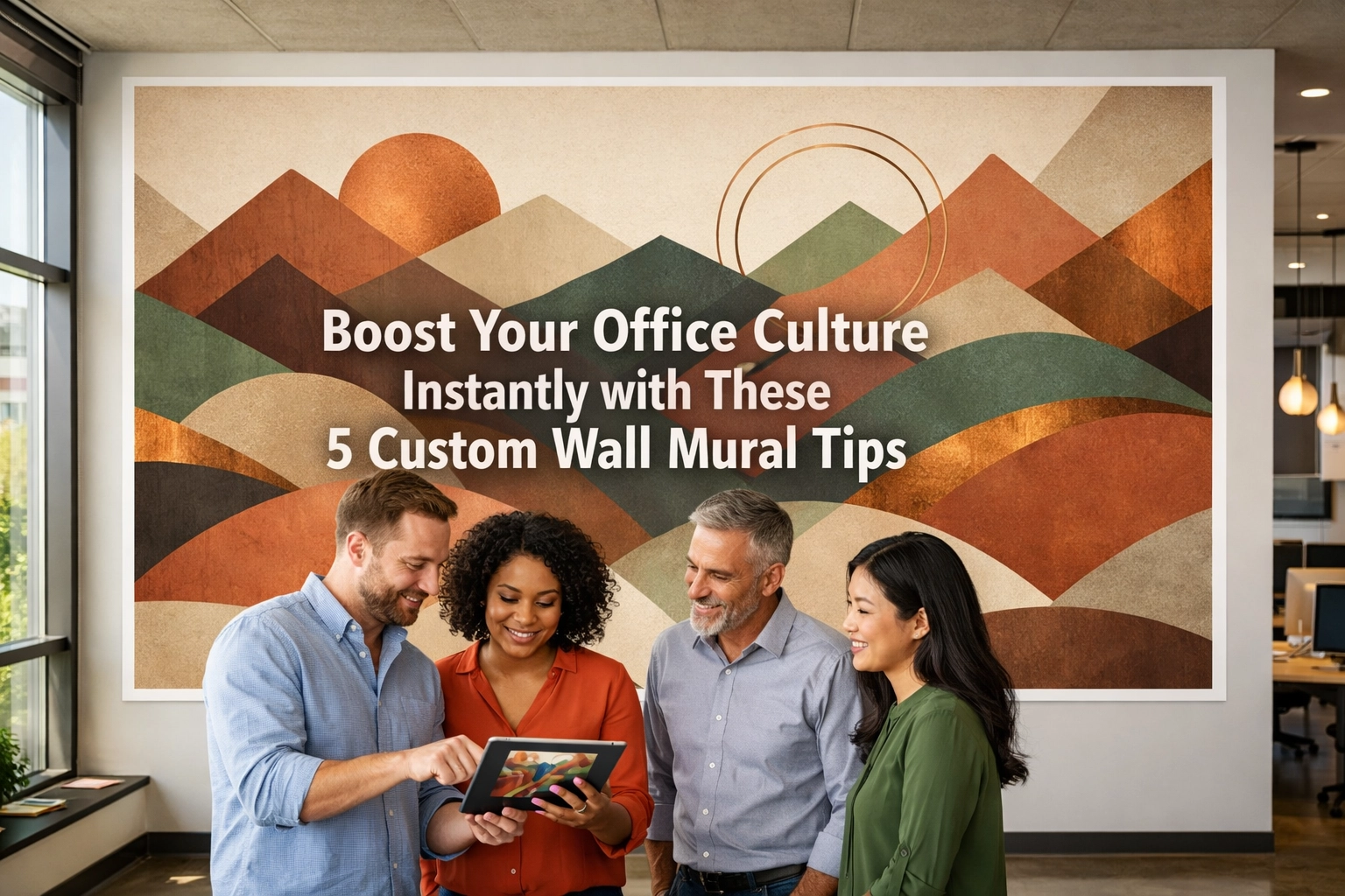 Office team in Knoxville collaborating on custom wall mural ideas to enhance workplace culture and branding.