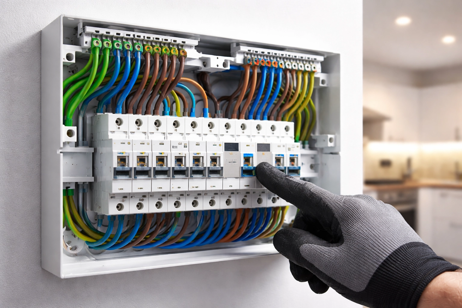 Close-up of a consumer unit being pointed at during an EICR inspection for landlord compliance