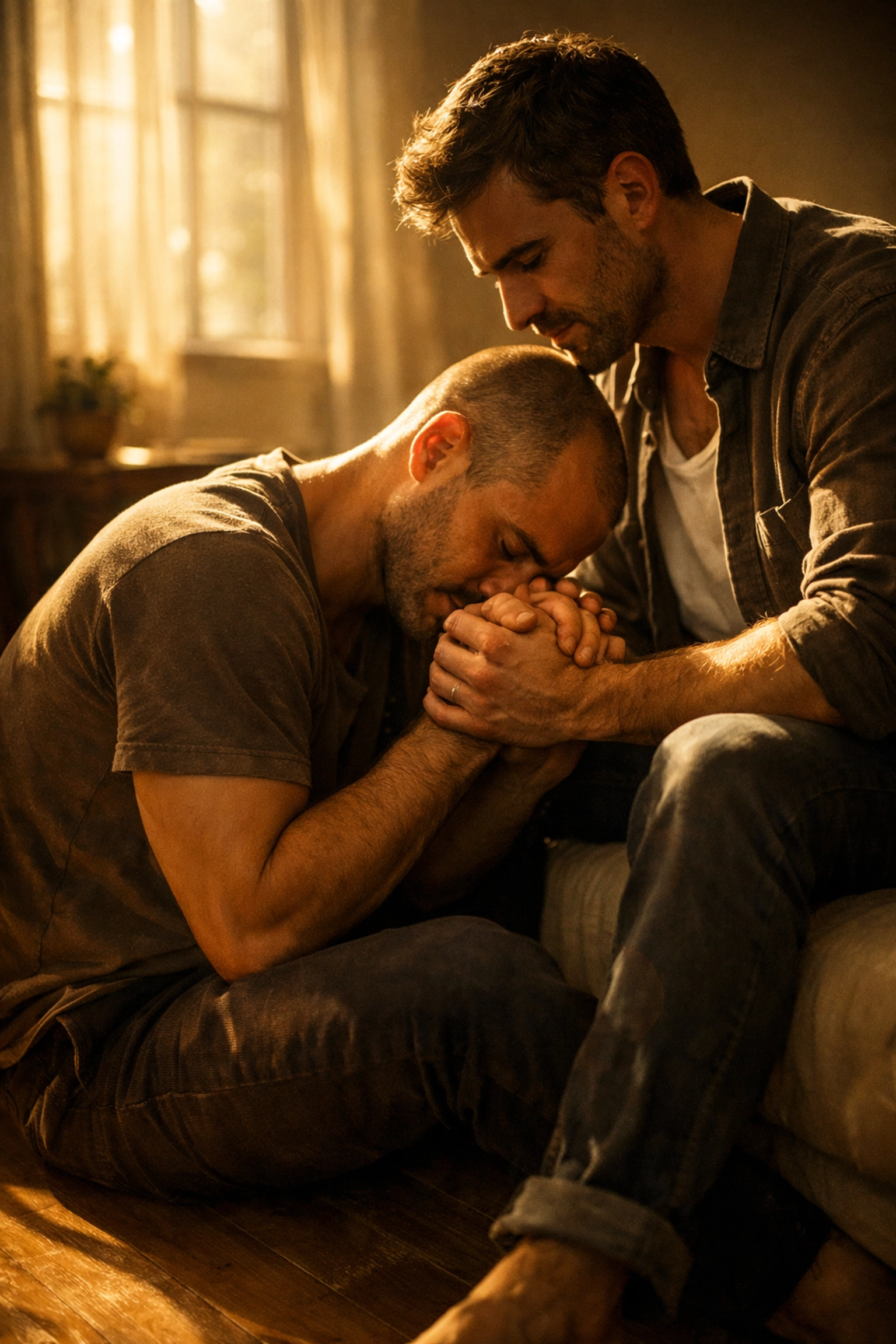 Two men holding hands in a sunlit room representing queer healing and emotional support.