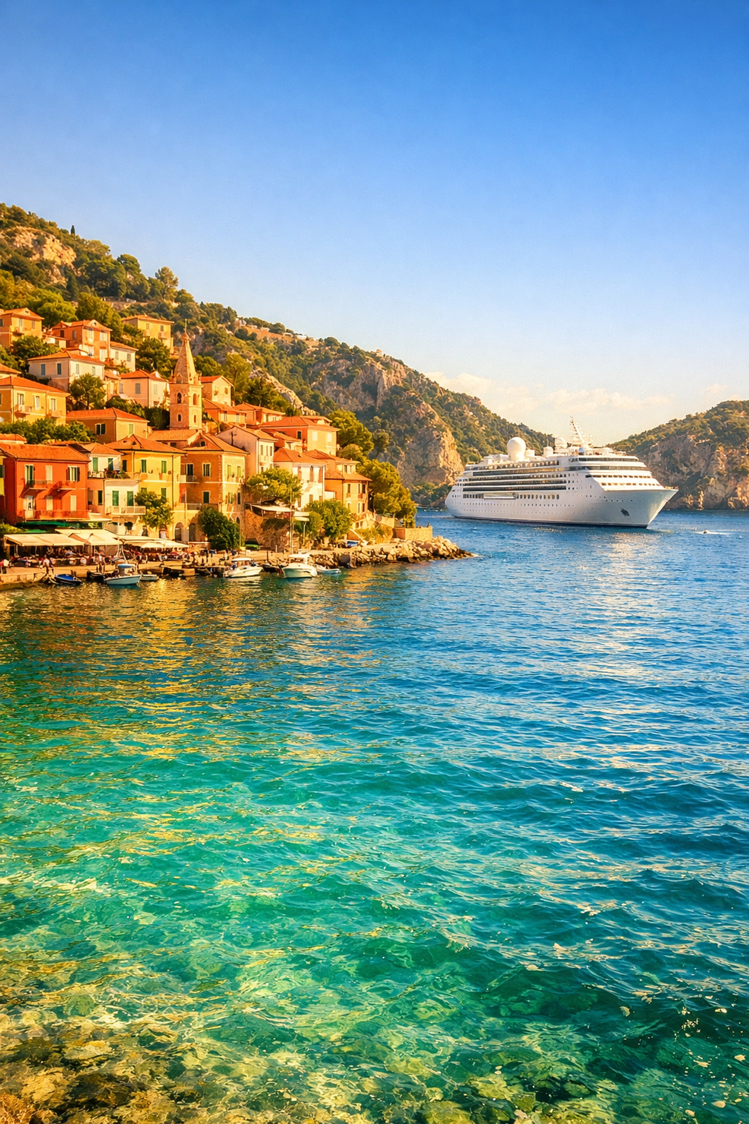A white cruise ship anchored near a sun-drenched Mediterranean port town with colorful houses.