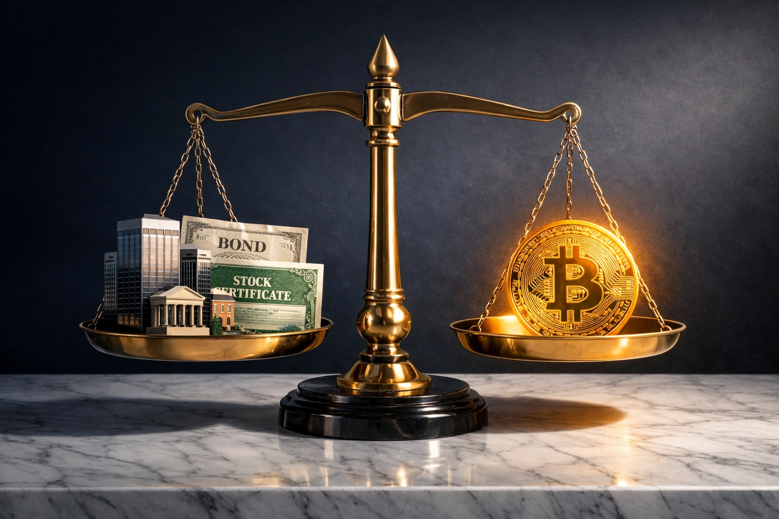 Balance scale showing Bitcoin and traditional assets in institutional portfolio strategy