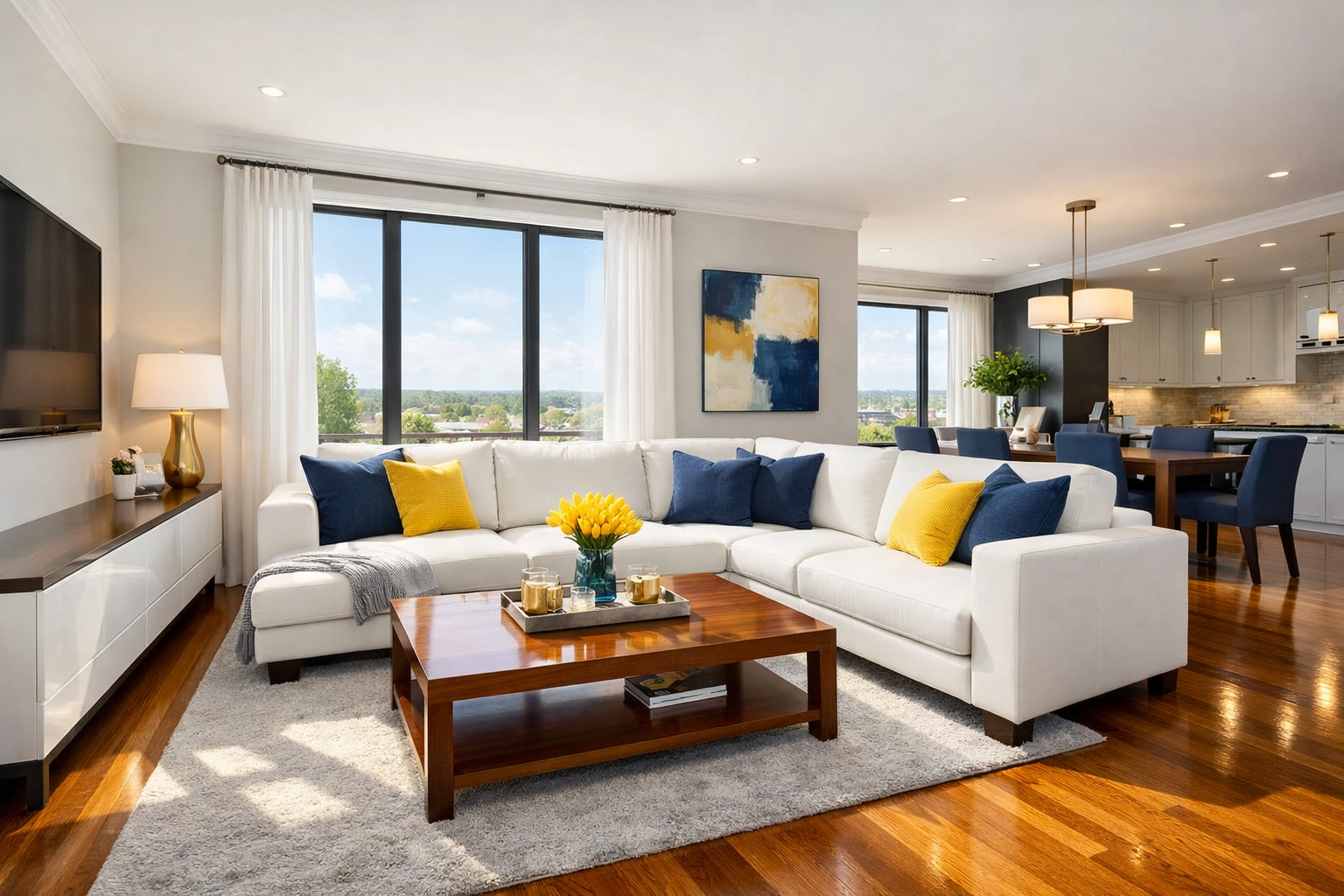 Modern clean living room in a Leominster apartment with organized white furniture and polished floors.