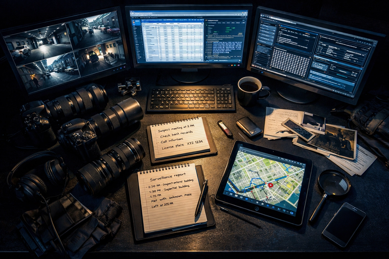 Professional investigative workspace with surveillance monitors and forensic analysis equipment for corporate cases