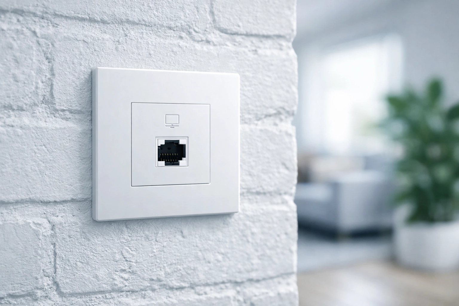 Modern white ethernet wall socket installed on a textured brick wall in a Cape Town home.