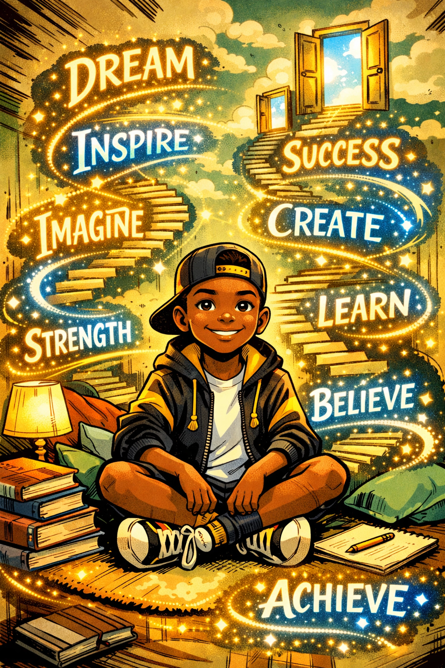 Young Black boy surrounded by glowing vocabulary words opening doors to future opportunities