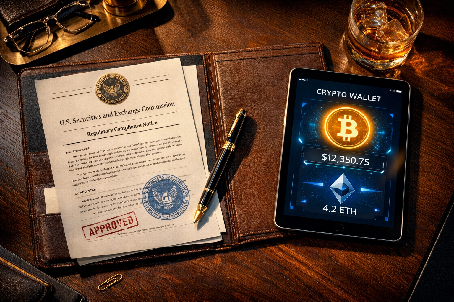 SEC regulatory documents and cryptocurrency wallet showing institutional crypto compliance