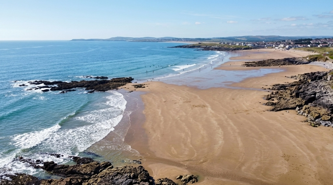 Aerial view of Rest Bay in Porthcawl, South Wales, featuring sandy beaches and limestone rock formations
