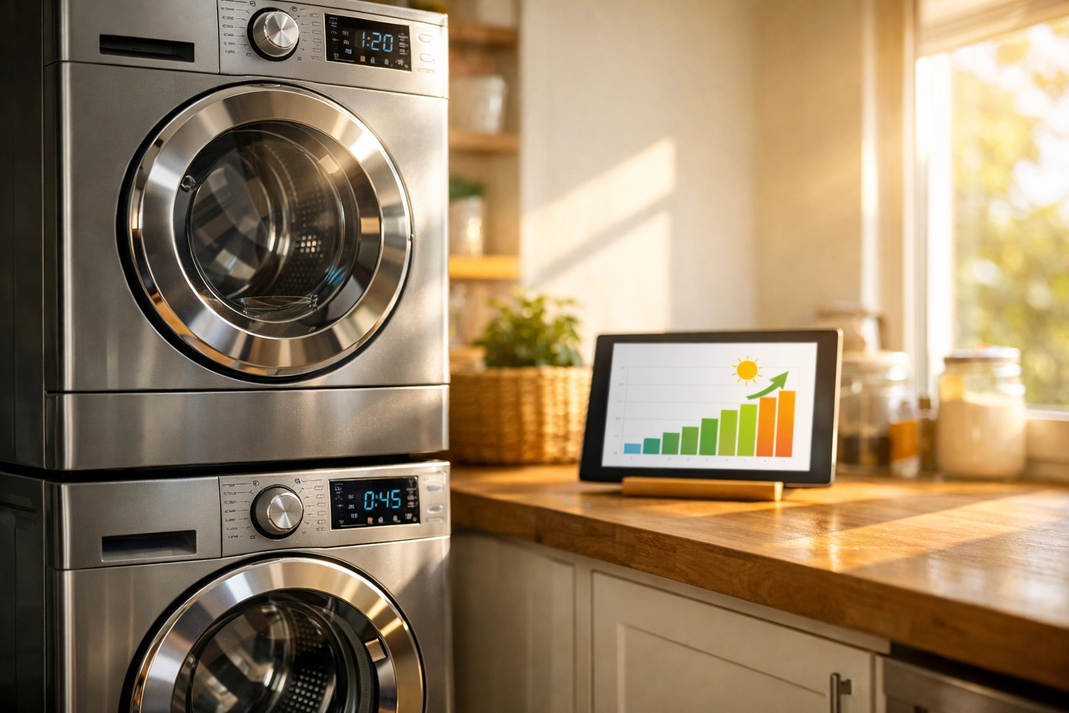 Sustainable utility room using energy-efficient appliances powered by solar battery storage.